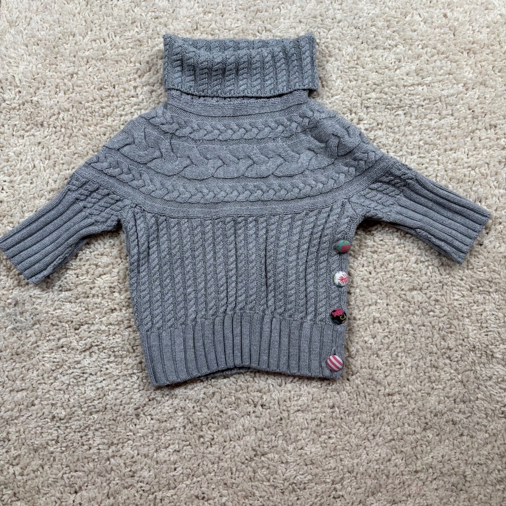 Matilda Jane Cable Knit Sweater Kids 8 Grey Excellent Turtleneck Side Buttons